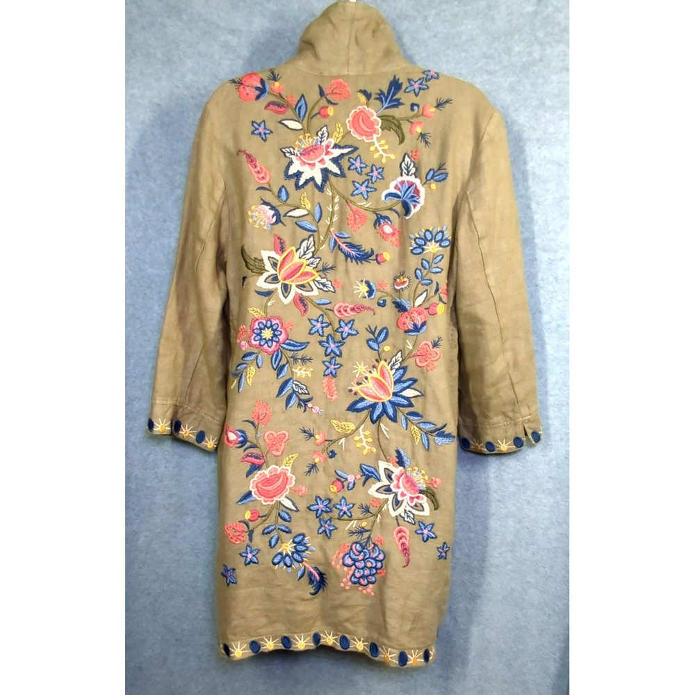 Johnny Was Long Linen Jacket Coat Women PS Tiwa Floral Heavily Embroidered Boho